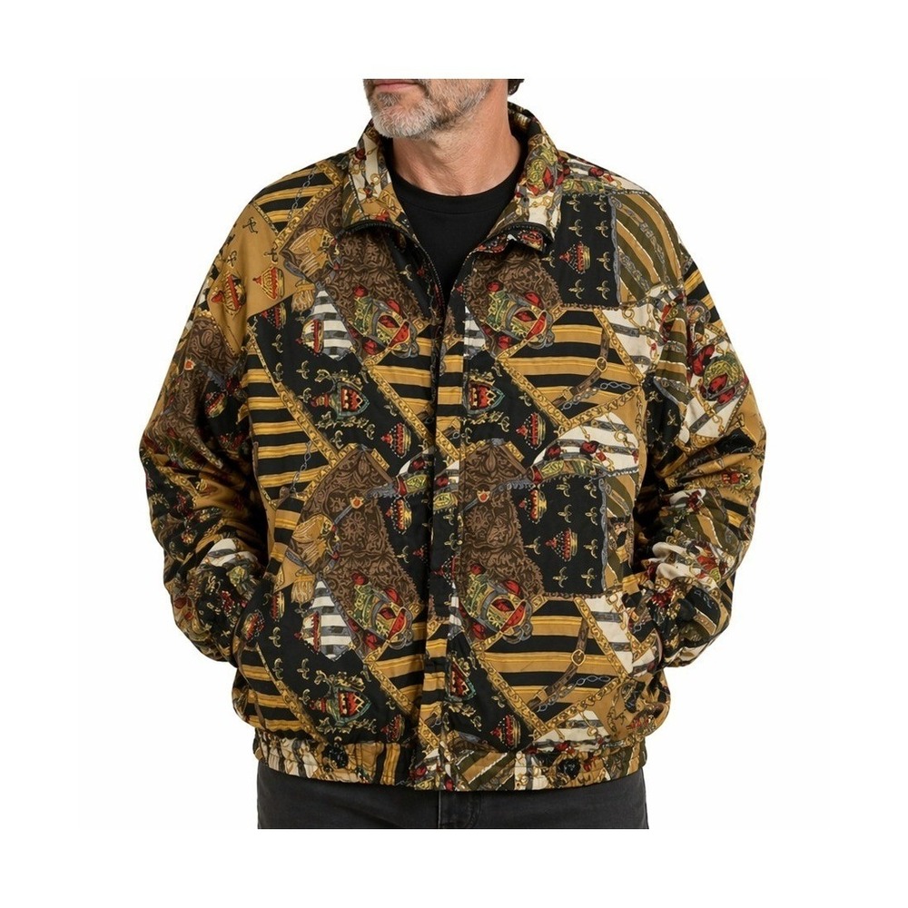 COACO Vintage 100% Silk Bomber Jacket Mens Large Baroque‎ Chain Print Gold Black